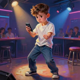 realistic detailed full body picture of a sad finnish boy dancing in a south korean night club with a phone in hand, short brown hair, big eyes, masculine jawline, colorful, oil painting, cinematic lighting