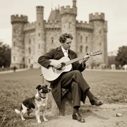 count orlok playing delta blues outside his castle, 1 9 2 0 s photograph, there is a dog his side
