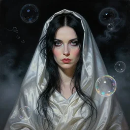 a neoclassicist close - up portrait of a bjork cloaked in silk with glowing bubbles. iridescent and reflective alien technology. foggy black background with dark puffy glowing clouds. highly detailed science fiction painting by norman rockwell, frank frazetta, syd mead and moebius. rich colors, high contrast, gloomy atmosphere, dark background. trending on artstation.