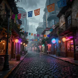 angled view of a futuristic small mexican town cobbled street, blade runner 2 0 4 9 city architecture, mexican dia de muertos hanging paper decorations, environmental lighting, stromy weather, ray tracing, amazing view, highly detailed, neon shops, octane render, unreal engine 5, 4 k