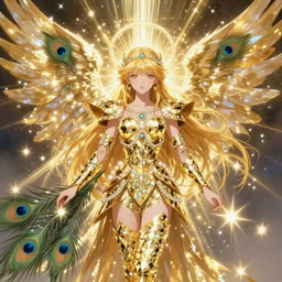 beautiful angel with peacock feathers and golden diamond armor shining light pearls god rays by Karol Bak, Ayami Kojima, Amano