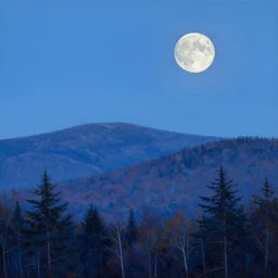 new hampshire mountains, pale supermoon, clear sky, twilight, abbott handerson thayer, glaze oil painting, blue palette
