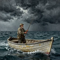a matte painting of an old man holding on to a fishing pole in a fishing skiff being pulled out to sea, in a storm, thalassophobia, by greg rutkowski, by remedios varo, by zdzislaw beksinski, photorealistic, intricate, ornate, very detailed, octane render, trending on artstation