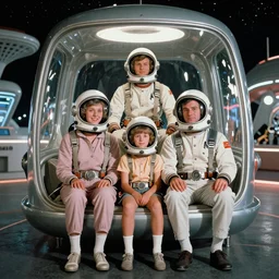 family portrait from the 1960s. The family is sitting in a futuristic shiny home. They're wearing space helmets. The glass is reflecting the light, Cooke anamorphic, Kodak film, space age pop, cinematic soft lighting, f/1.8 , 50mm, ISO 1000, bokeh. Masterpiece, award winning photography