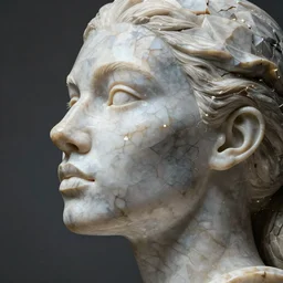 a womans face in profile made of breaking marble in the style of the beeple and wlop, intricate details, trending in art station