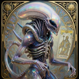 xenomorph, rococo and art nouveau fusion, iridescent diaphanous refractive and reflective alien symbols, tarot card, highly detailed, deep focus, elegant, digital painting, smooth, sharp focus, illustration, ultra realistic, 8 k, art by artgerm and alphonse mucha