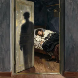 a shadow figure in the doorway, as a man sleeps peacefully, art by jean - francois millet