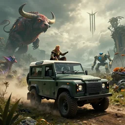 Land Rover Defender 110 (1985), The Elder Scrolls III: Morrowind, Numidium robot in the distance, an epic fantasy, dramatic lighting, cinematic, establishing shot, extremely high detail, photorealistic, cinematic lighting, artstation, by simon stalenhag, the Nerevarine drives across Morrowind, strange flora, strange fauna, Bull Netch floating around, Morrowind fauna prominent across the landscape