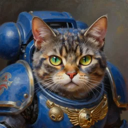 an oil painting of a cat as an Space Marine from the Warhammer 40k, ultramarine cat,s parkly detailed cat eyes, glorious, cinematic, realistic lighting, masterpiece painting