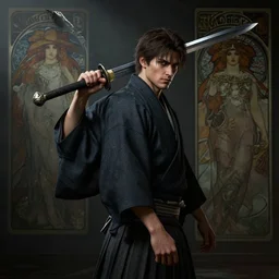 a photorealistic dramatic fantasy render of a handsome man carrying a rough heavy sword over back and clasical japanese kimono by wlop, artgerm, greg rutkowski, alphonse mucha, beautiful dynamic dramatic dark moody lighting, shadows, cinematic atmosphere, artstation, concept design art, octane render, 8 k