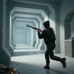 woman holding shotgun runs down hallway, wearing black beanie and black bomber jacket, in an underground lab, MC Escher style architecture, sterile, unknown location, light and shadows, fire, bullet shells flying, 4k, cinematic, unreal engine
