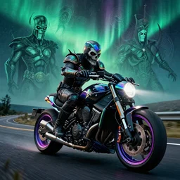 ghost rider in spawn's outfit, riding ghost rider's hellish motorcycle off on a road leading to the northern lights, supervillains, intricate artwork, concept art, octane render, deviant art, cinematic, key art, hyperrealism, iridescent accents, portrait photo, nikon 3 5 mm, photograph by greg