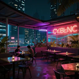 Cyberpunk Cafe Terrace at night