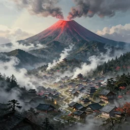 a powerful japanese village high in mountains, volcano, mystical power steam, concept art by greg rutkowski and laurie greasley, fantastic landscape, 8 k, cinematic color grading