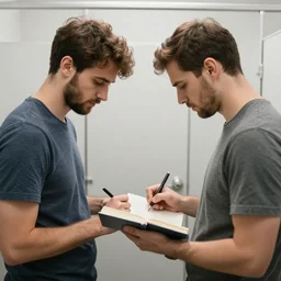 two men writing a book together in a bathroom stall,