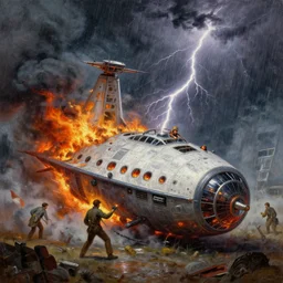 a spanish italian spaceship, stuck in the ground, the spaceship is on fire, smoke, rainstorm, lightning, angry, kinetic, john sargent, peter deligdisch, adolphe bouguereaum, norman rockwell, trending on artstation, highly detailed oil painting,