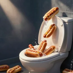many hotdogs being flushed down a toilet
