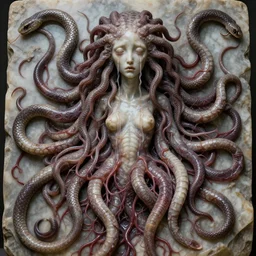 very sad medusa, crying, tubular creature, blood vesels, no face, dystopian surrealism, art style botticelli alex ries giger zdzisław beksinski, symmetry accurate features, snake hair, stone marble, very intricate details, high resolution, high quality