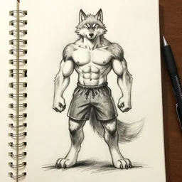 master furry artist pen napkin sketch full body portrait character study of the anthro male anthropomorphic wolf fursona animal person wearing gym shorts bodybuilder at gym