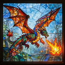 beautiful insanely detailed dragon made of stained glass flying and breathing fire