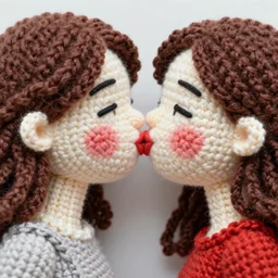closeup macro photograph of two crochet women kissing each other and blushing, fiber art