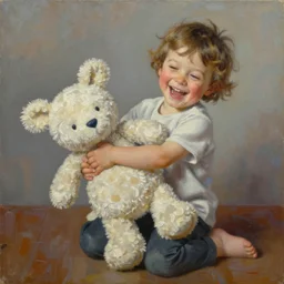 a kid squeezing a plushy happily, oil painting by salvador dali