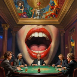 a highly detailed epic cinematic concept art cg render digital painting artwork : casino mouth. by greg rutkowski, in the style of francis bacon and syd mead and norman rockwell and beksinski, open ceiling, highly detailed, painted by francis bacon and edward hopper, painted by james gilleard, surrealism, airbrush, ilya kuvshinov, wlop, stanley artgerm, very coherent, triadic color scheme, art by takato yamamoto and james jean