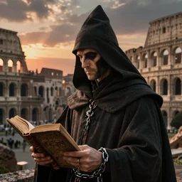 half portait of magican wearing a closed cowl and big old book! chained to the wrist, jeremy mann, jean leon gerome, tiepolo, alphonse mucha, greg rutkowski, face in the shadows, ( ( ruins of ancient rome ) ), at dusk, mysterious atmosphere, sunrays, dof, high detailed, 8 k