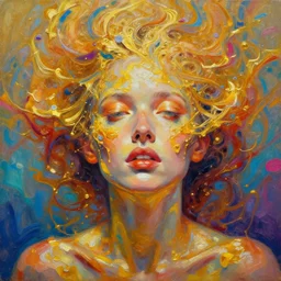abstract oil matte portrait painting woman infused and swimming in a golden liquid detailed faces, visible brushstrokes, smears of light, bright colors, psychedelic, fractal, trippy, trending on artstation