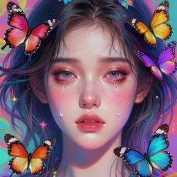beautiful, young woman, detailed gorgeous face, sad eyes, crying, vaporwave aesthetic, synthwave, colorful, psychedelic, digital art, butterflies, birds, digital painting, artstation, concept art, smooth, extremely sharp detail, finely tuned detail, ultra high definition, ultra sharp focus, illustration, art by artgerm and greg rutkowski and alphonse mucha