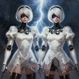 a painting of 2 b nier automata. by randolph hewton and edward robert hughes. trending on artstation, highly detailed, volumetric lightning, cinematic lightning