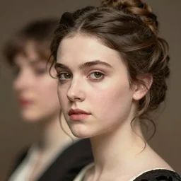 edwardian headshot photograph of phoebe dynevor, millie bobby brown, elegant, graceful, soft blur, 1 9 0 0, 1 8 9 0 s, 1 9 1 0 s, grainy, realistic face, detailed, mythical, mythological, ethereal