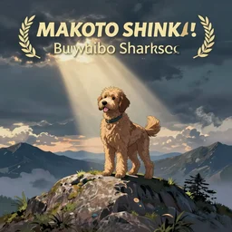 sheepadoodle atop a mountain, by makoto shinkai