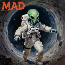 an evil alien astronaut dress as a border patrol officer, entering a quantum wormhole, juxtapoz, heavy metal magazine, mad magazine, matte sharp painting