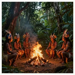 a beautiful matte painting of an indigenous tribe around a fire in the jungle,