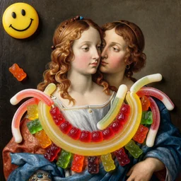 Judith Beheading Holofernes by Gentileschi, candy, sculpted out of candy, gummy candies, gummy bears, gummy worms, colorful award-winning photo of candy, happy smiley