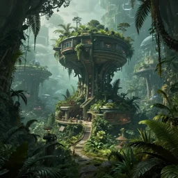 alien colony, utopia, house, jungle sifi, station, city, colonization by photo, atmosphere lighting, panoramic, art, living, 4 k, 8 k,