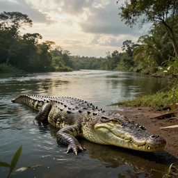 crocodile next to river, beautiful dynamic lighting, cinematic, wide angle establishing shot, extremely high detail, photo realistic, cinematic lighting, post processed, concept art, artstation, matte painting, style by frederic church, raphael lacoste, unreal engine 8 k