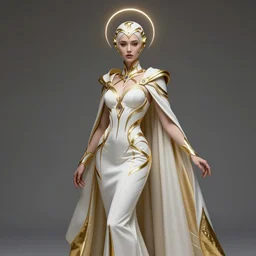 photoshot detailed beautiful noun in white and gold coat, seductive confident pose, attractive feminine curves, intricate details, futuristic, alien, elegant cape, elegant, photorealism, sharp, holy halo below head, advanced technology, hasselblad shot, art by moebius and vitaly bulgarov and chanthara