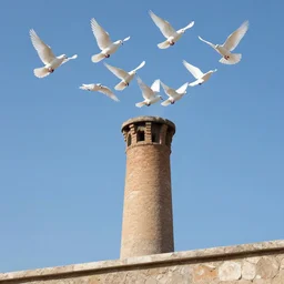 by moebius and atey ghailan | pure white doves flying in and out of a large chimney |