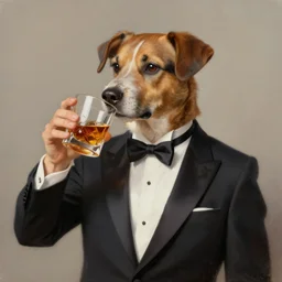 a beautiful illustration painting of a dog in a tuxedo drinking whiskey by rutkowski featured on artstation, studio lighting, photorealistic digital art