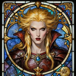 head - on symmetrical centered painted portrait, sephiroth as vampire, blonde hair, leather armour, art nouveau, tarot card style, stained glass, fantasy, intricate, elegant, highly detailed, smooth, sharp focus, illustration, artstation, in the style of artgerm and anna podedworna and alex ross and mucha