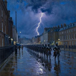 a beautiful painting of rainy victorian london at dusk by jan bogaerts and asher brown durand, brushstrokes, brushstroke - laden, featured on artstation, thunderstorm and bolts of lightning, wet concrete, puddles of water, dramatic composition, dark night, dark blue hue, medieval soldiers marching