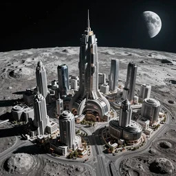 highly detailed realistic photo of man made futuristic city on moon at night, wide angle shot, award winning masterpiece art, hyper realistic, concept art, 8 k detail post - processing