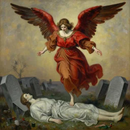 sienna portrait of the redwinged angel of death wearing a crimson and sienna robe descending on the spirits in their graves jamie wyeth james gilleard edward hopper oil painting