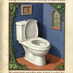 gorgeous surrealist illuminated manuscript page venerating toilets