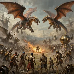 Climatic battle between an army fo dragons and an army of steampunk angels, matte painting, steampunk fantasy, artstation