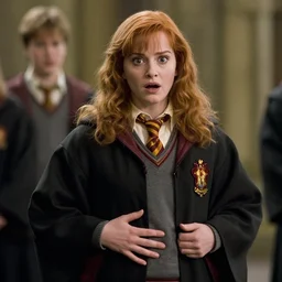 movie still of shocked surprised christina hendricks cosplaying as harry potter from the deathly hallows, touching clothes, touching her waist, directed by david yates