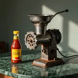 a rusty vintage meat grinder full of mustard and ketchup on a green marble table