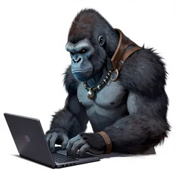 gorilla dnd character, technomancer, working on laptop, profile, detailed illustration